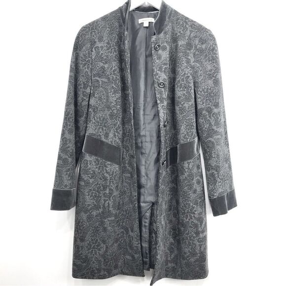 Coldwater Creek Gray Floral Pattern Velvet Trim Long Statement Blazer Jacket - Picture 2 of 16